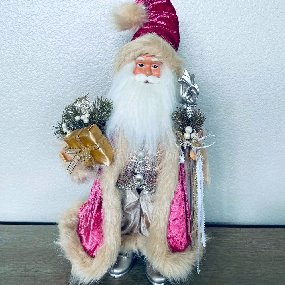 Christmas Santa Claus Velvet Pink Metallic Figure